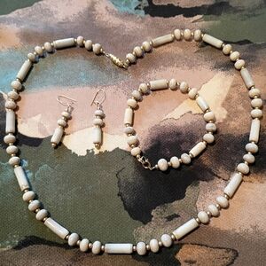 Vintage Fossil River Rock Beaded Necklace, Bracelet and Earrings Set.